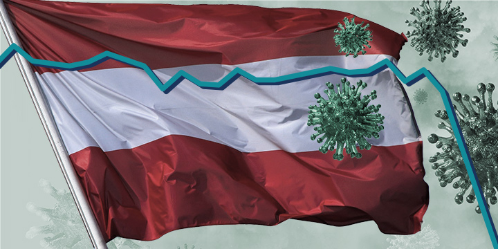 flag of austria with coronavirus and chart symbolising economic problems