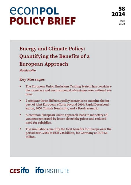 Cover of EconPol Policy Brief 58 - Energy and Climate Policy: Quantifying the Benefits of a European Approach