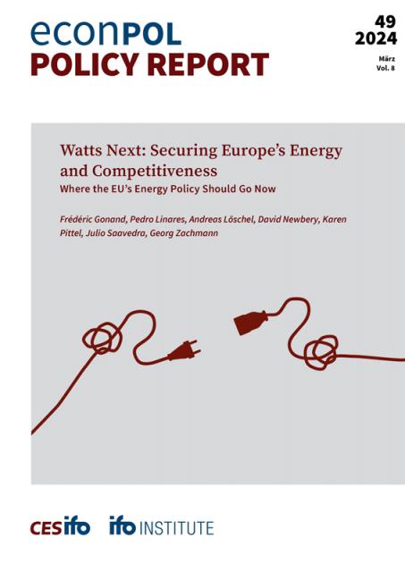 Cover of EconPol Policy Report 45 Watts Next: Securing Europe’s Energy and Competitiveness - Where the EU’s Energy Policy Should Go Now