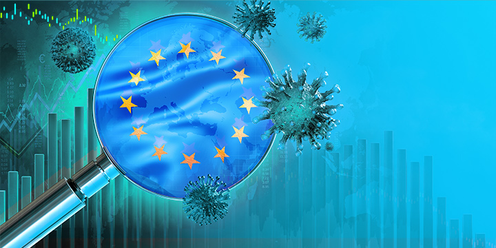 corona virus on European economy background: EU flag under magnifying glass, downtrend charts and stock exchange market price data